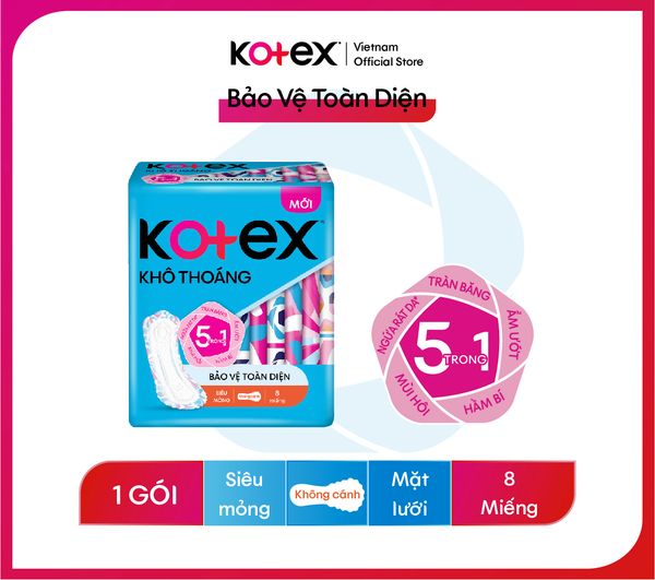 Băng vệ sinh Kotex Khô Thoáng Bảo Vệ Toàn Diện Siêu Mỏng Không Cánh 8 miếng