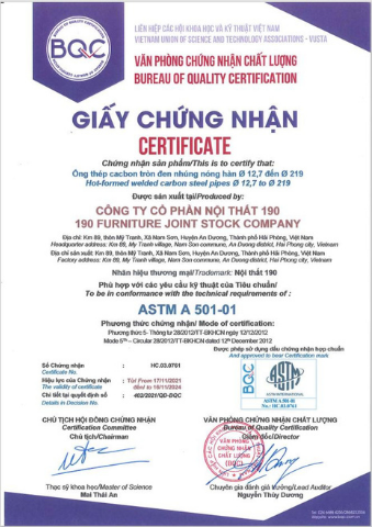 CHỨNG NHẬN ASTM A 501-01