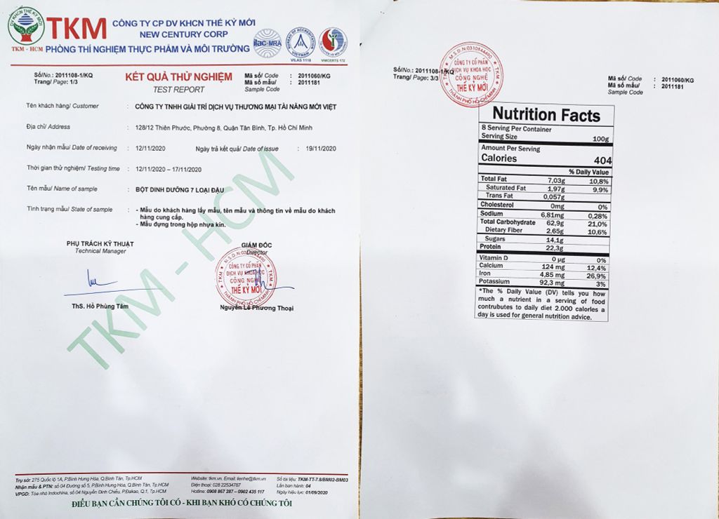 Giấy kiểm nghiệm Bột Dinh Dưỡng 7 Loại Hạt - An toàn vệ sinh thực phẩm