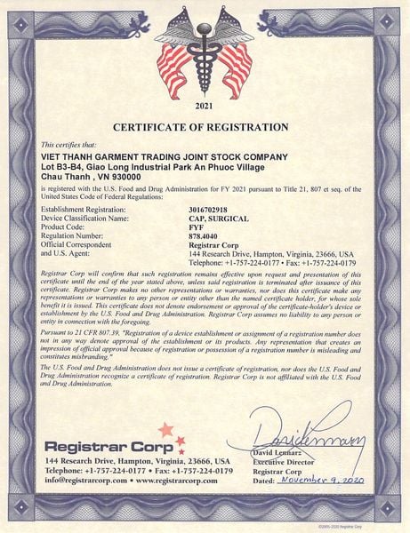 FDA CERTIFICATE – VTG