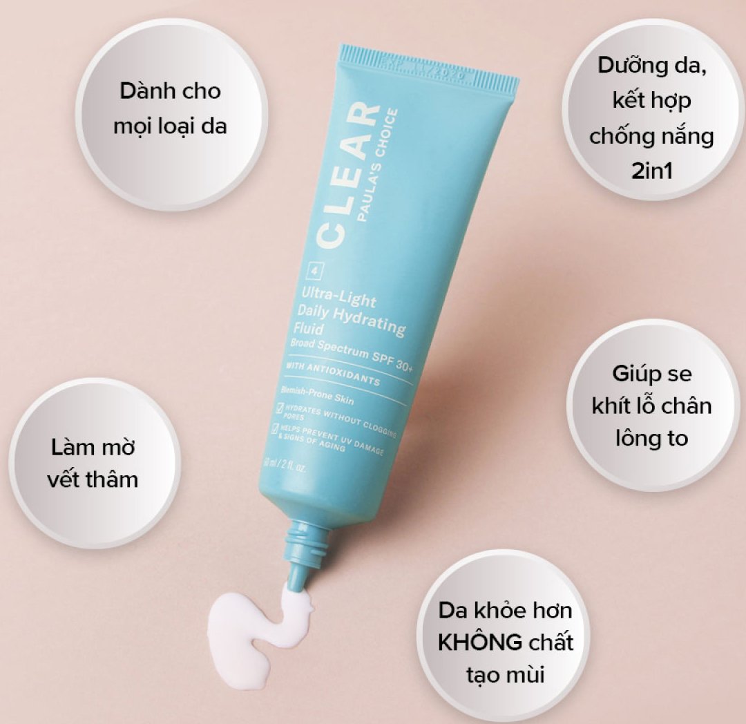 Kem dưỡng da chống nắng Paula's Choice Clear Ultra-Light Daily Hydrating Fluid 60ml