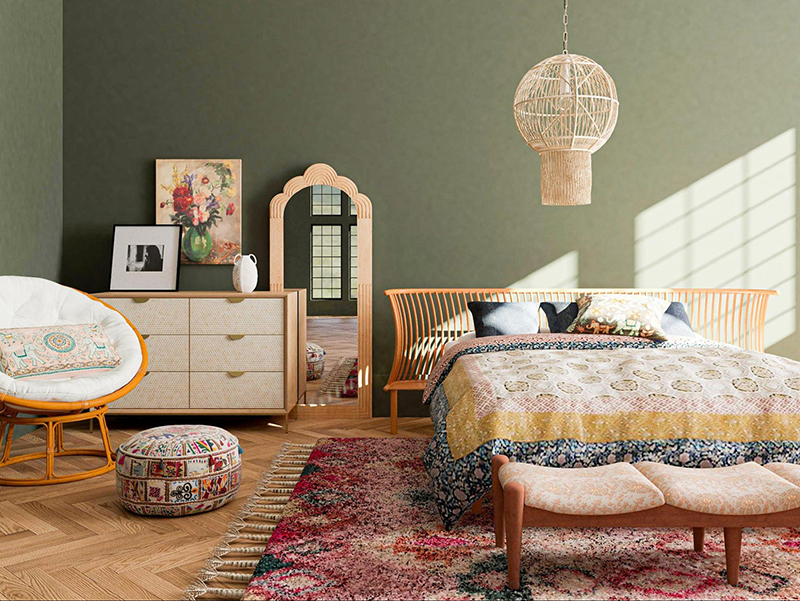 Một phòng ngủ sử dụng thảm trải sàn và ga giường họa tiết hoa vintage