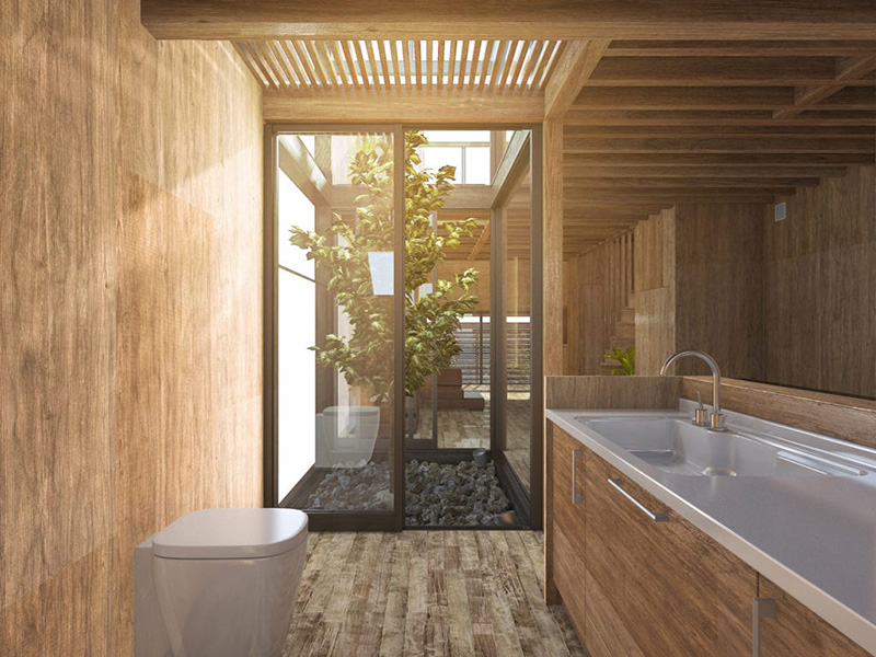 Mẫu phòng tắm Nhật Bản thông với ngoài trời và đón nhận nguồn sáng tự nhiên mạnh mẽ