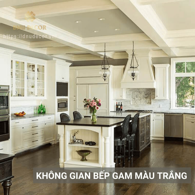 Không gian bếp gam màu trắng