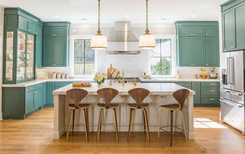 mẫu nội thất phòng bếp màu xanh
