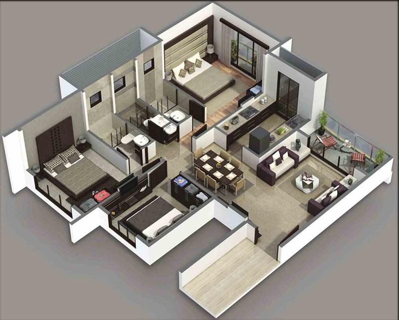 mẫu thiết kế căn hộ 3 phòng ngủ 1