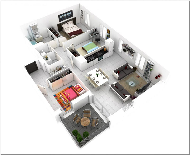 mẫu thiết kế căn hộ 3 phòng ngủ 3