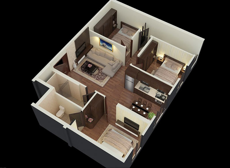 mẫu thiết kế căn hộ chung cư 3 phòng ngủ 1