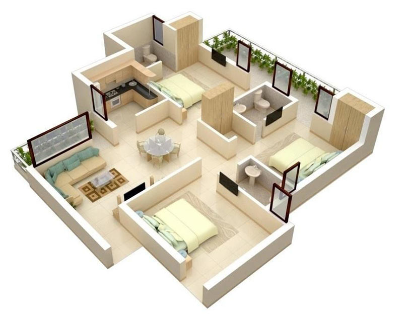 mẫu thiết kế căn hộ chung cư 3 phòng ngủ 2