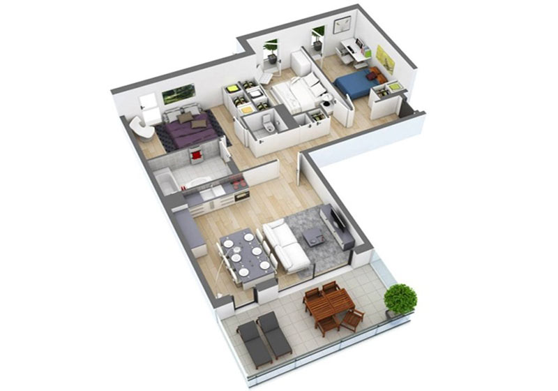 mẫu thiết kế căn hộ chung cư 3 phòng ngủ 3