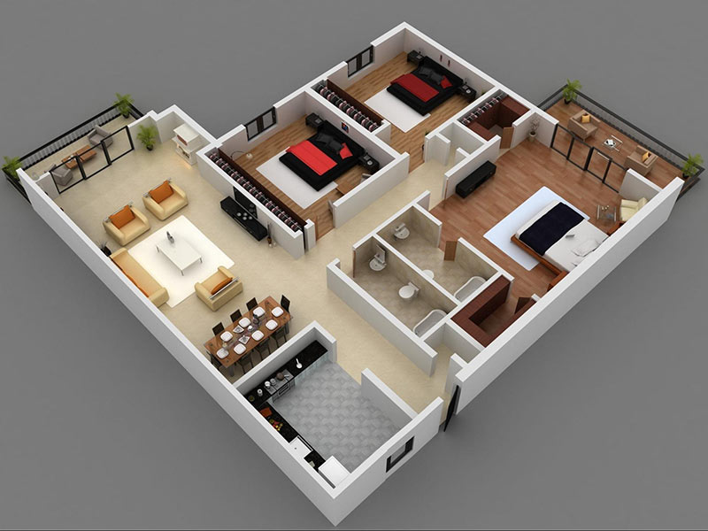 mẫu thiết kế nhà chung cư 3 phòng ngủ 1