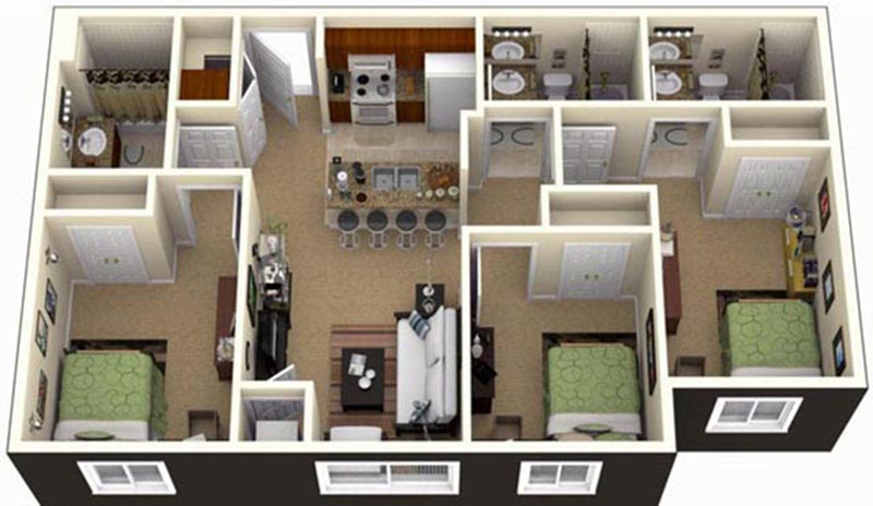 thiết kế nội thất chung cư 3 phòng ngủ 4