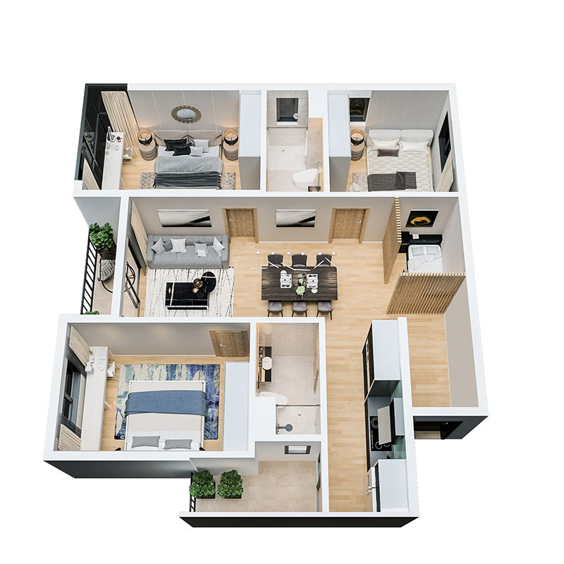 thiết kế nội thất chung cư 3 phòng ngủ tông trắng