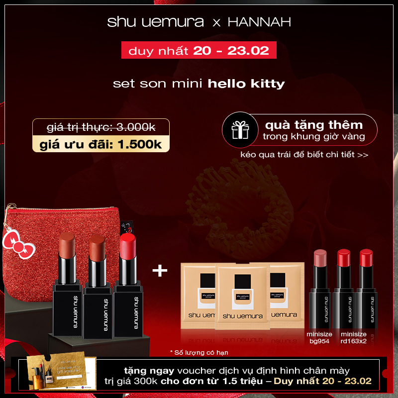 [hannah] PS - bộ son hellokitty shu uemura rouge ulimited matte mini 3 cây kèm túi trang điểm