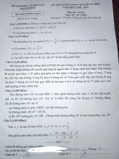 Đề thi vào 10 môn Toán tỉnh Khánh Hòa 2020