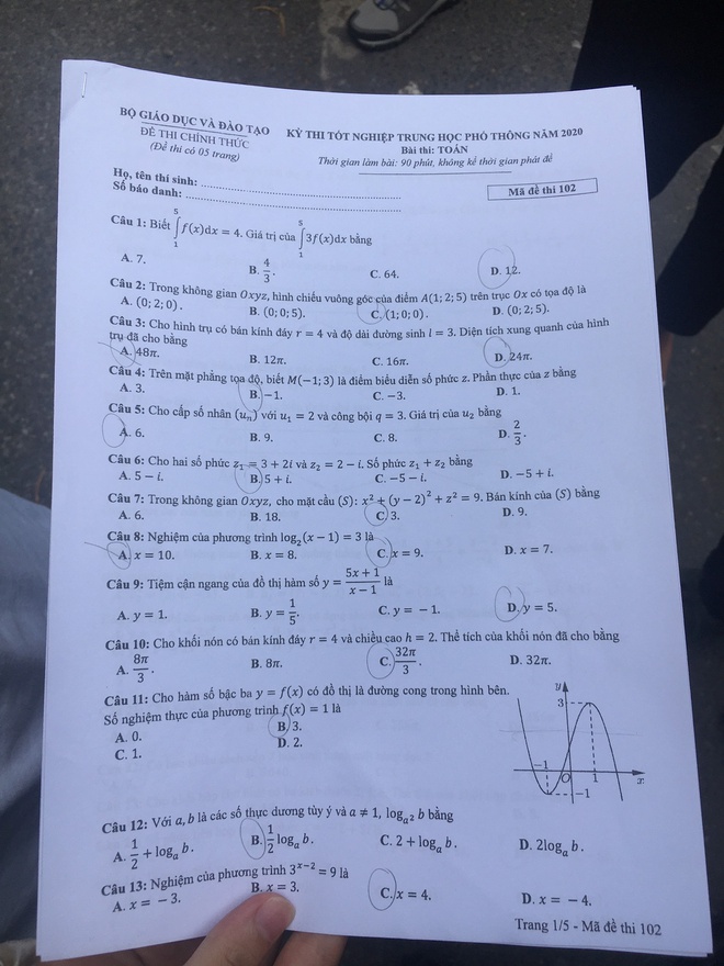 Đáp án đề thi THPT Quốc gia 2020 Toán ĐÃ ĐỦ 24 MÃ ĐỀ