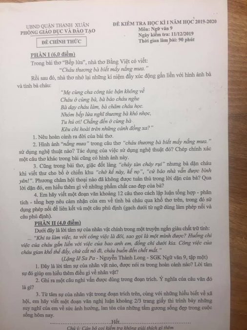Cập nhật đề thi học kì 1 môn Văn lớp 9 (có đáp án)