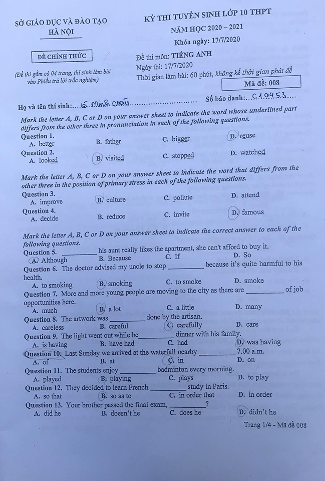 Đáp án đề thi vào 10 Hà Nội tiếng Anh 2020