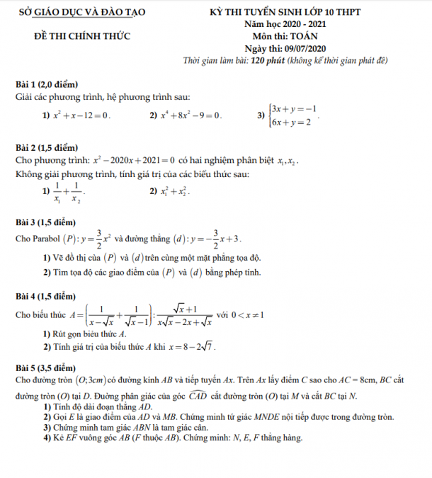 Đáp án đề thi vào lớp 10 môn toán Bình Dương 2020 (thi ngày 9/7/2020)