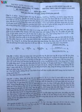 Đề thi vào lớp 10 chuyên Hóa THPT Chuyên KHTN Hà Nội năm 2020