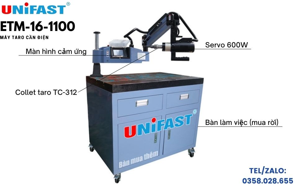 Kích thước máy taro cần điện Unifast ETM-16-1100