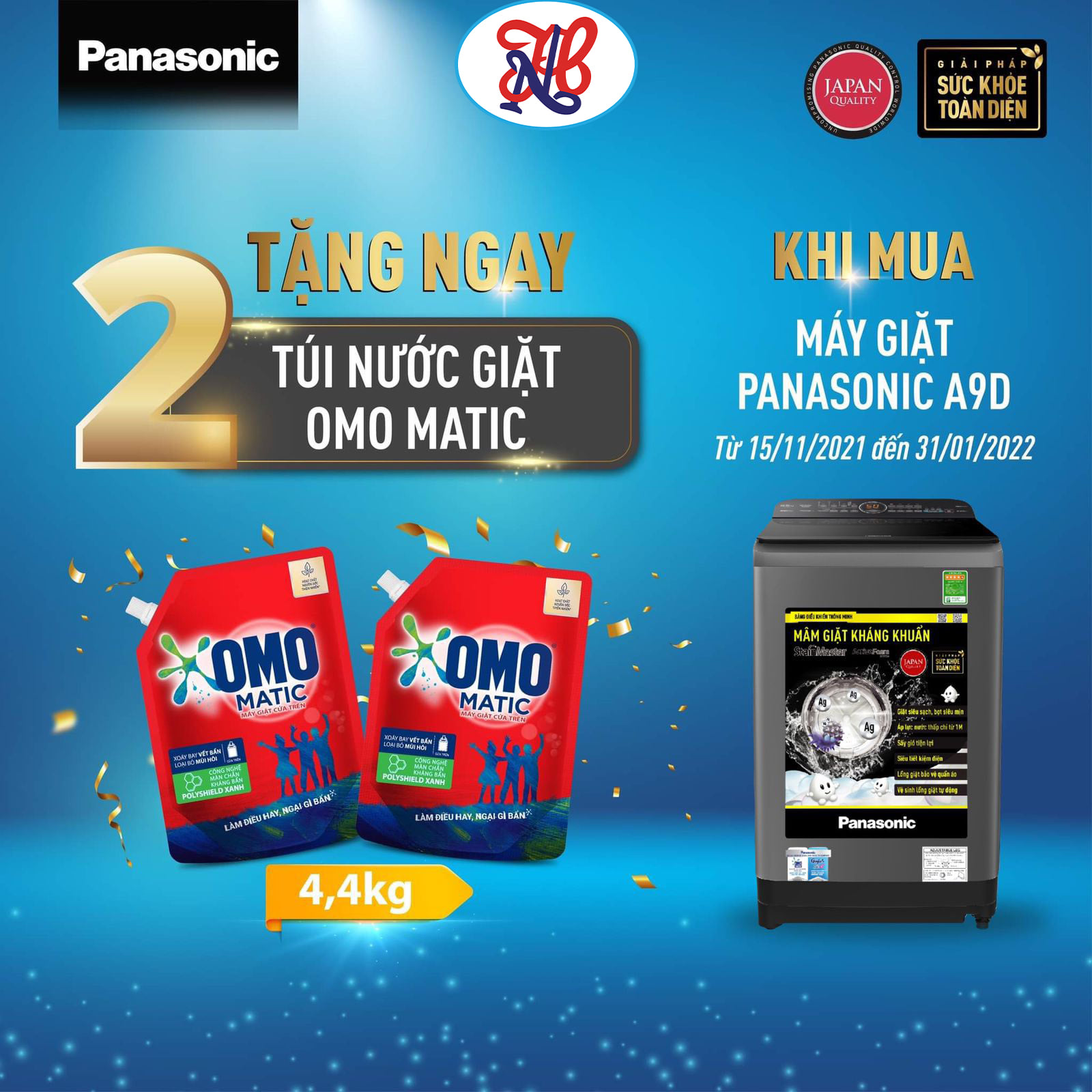 TẶNG NGAY 02 túi nước giặt OMO Matic 2.2kg khi mua MÁY GIẶT PANASONIC A9D