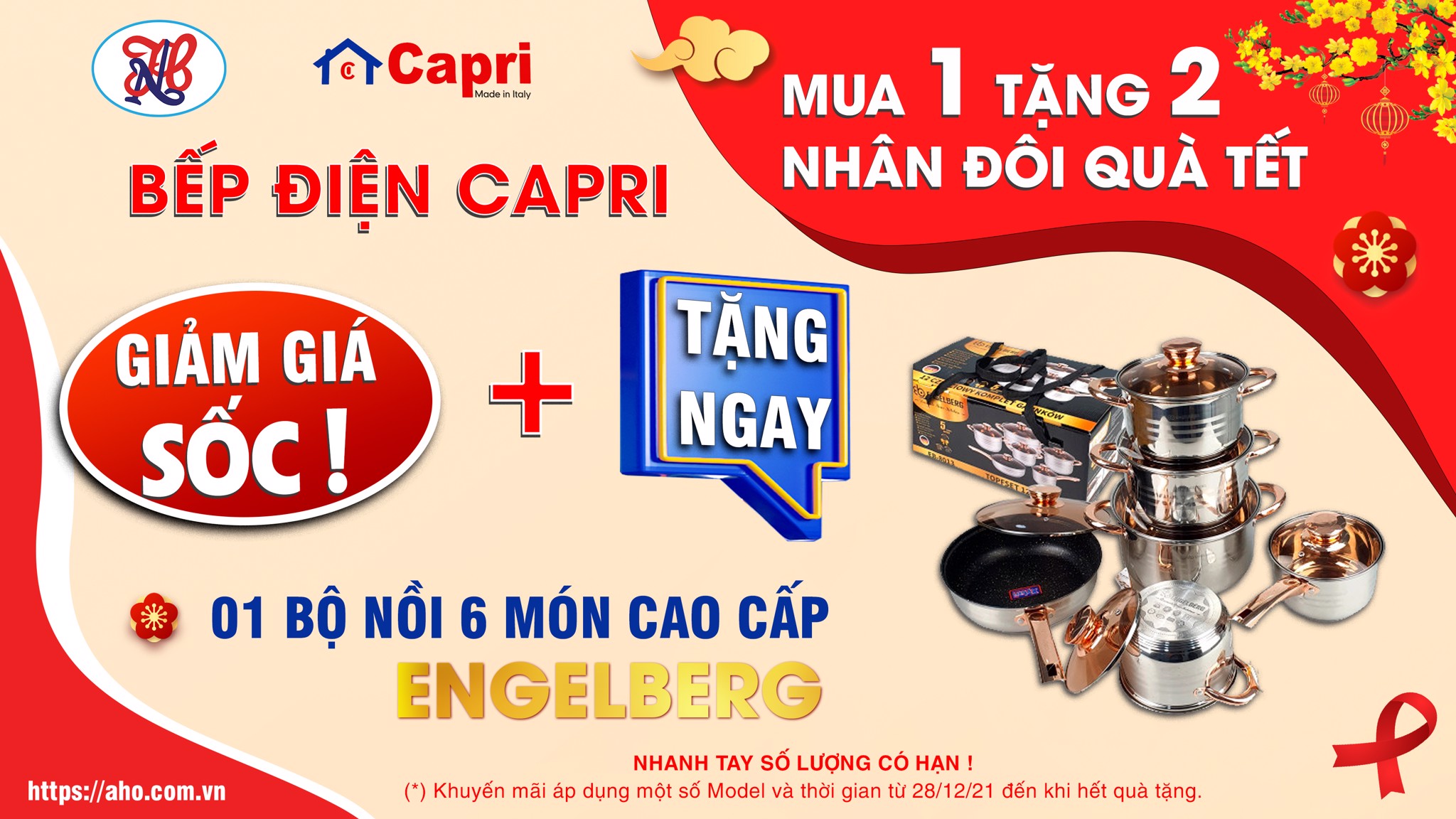 [CTKM Tết] Bếp Điện Capri: "GIẢM GIÁ SỐC + TẶNG BỘ NỒI 6 MÓN CAO CẤP"