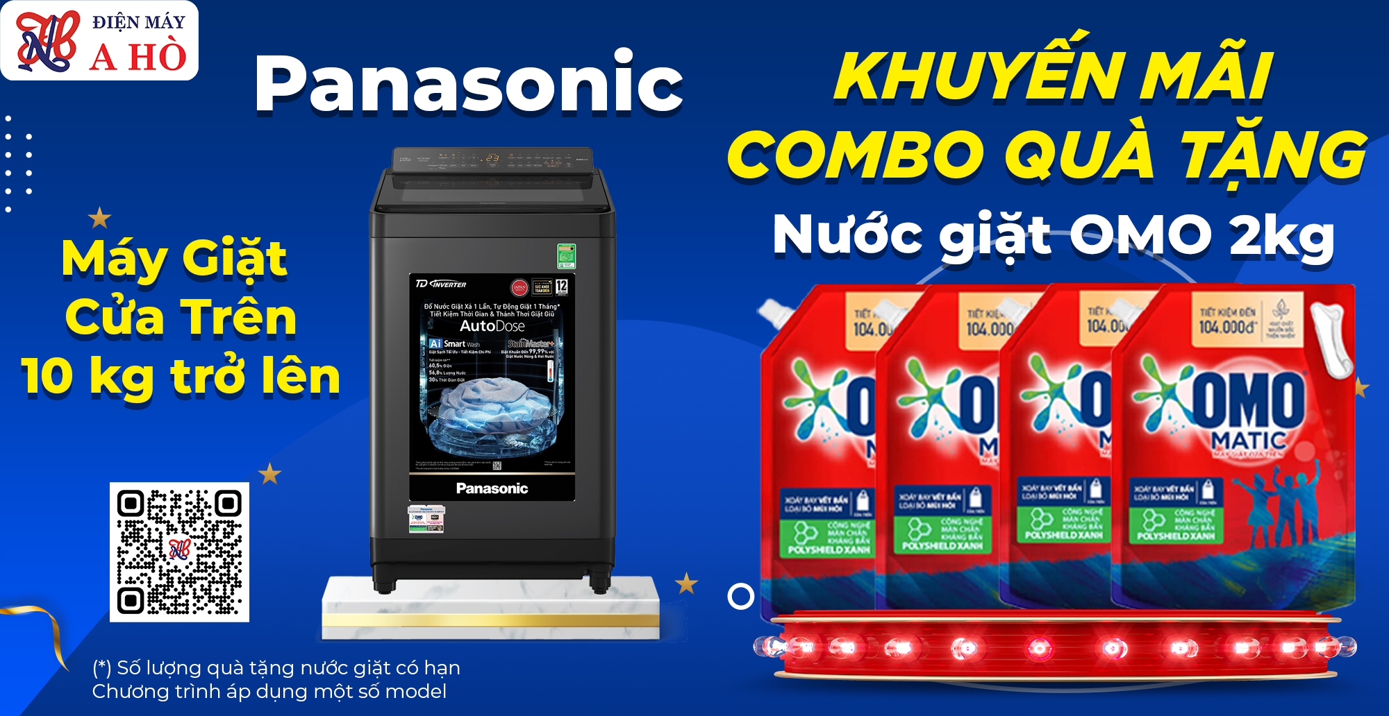 🔖 Miễn phí 2 túi nước giặt Omo 2kg khi mua máy giặt Panasonic cửa trên