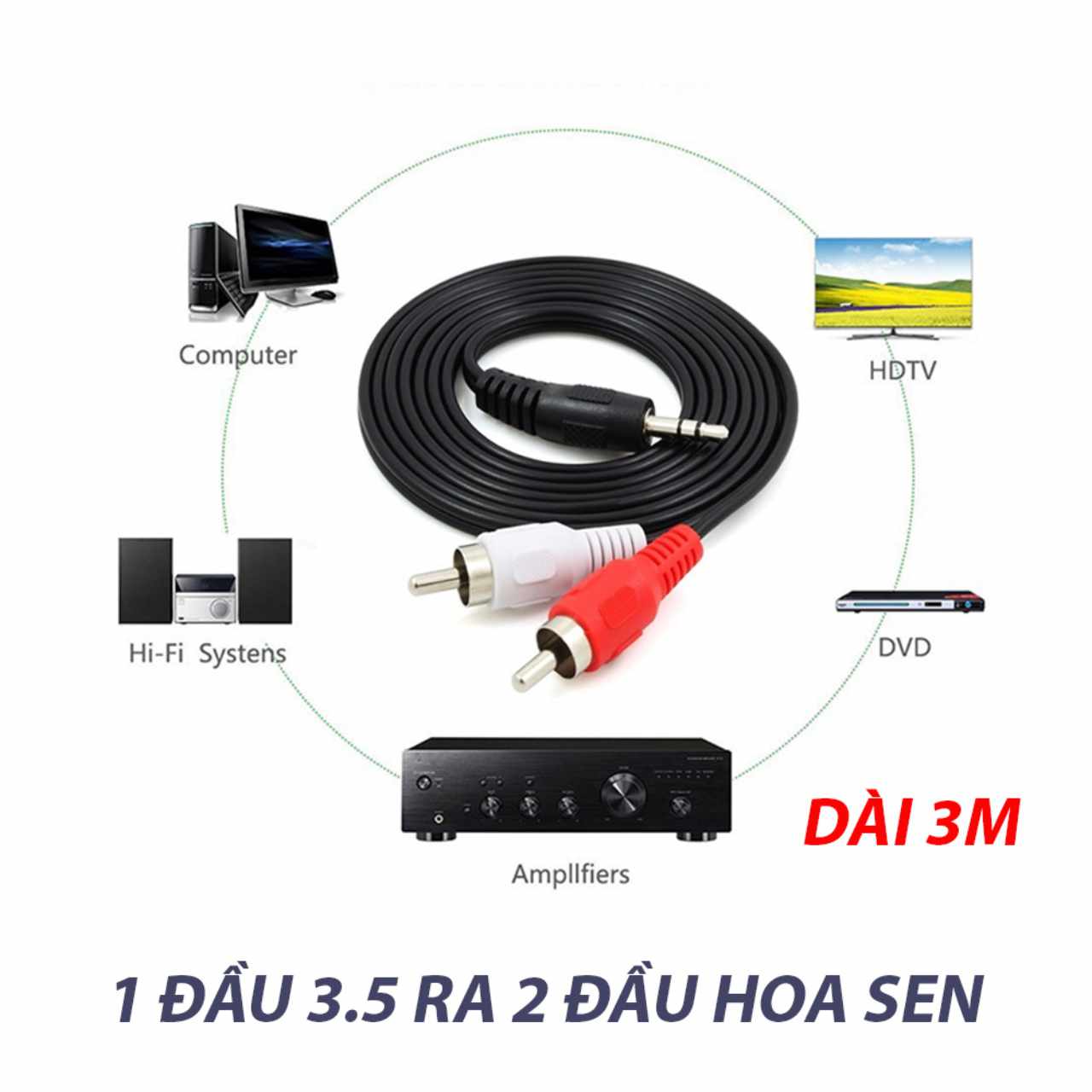 Cáp chuyển đổi Audio 3.5mm (Đực) ra 2 đầu RCA AV (hoa sen) - 25033