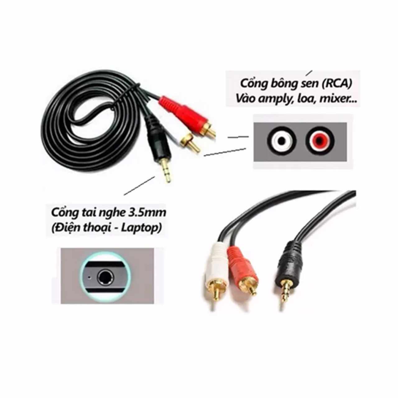 Cáp chuyển đổi Audio 3.5mm (Đực) ra 2 đầu RCA AV (hoa sen) - 25033