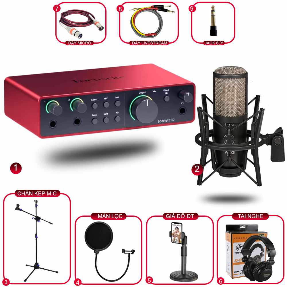 Combo Thu Âm Focusrite 2i2 4rd Gen Và Micro AKG P420 Phụ Kiện Xịn