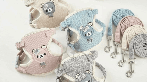 Set dây dắt vòng cổ cho mèo yếm ngực hình mặt gấu