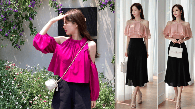 Áo hồng với quần đen đơn giản quyến rũ