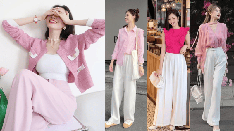 Áo hồng phối với quần trắng thanh lịch nữ tính