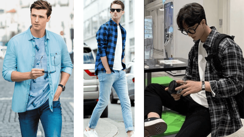 áo thun mặc với sơ mi tay và quần jeans