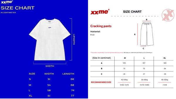 bảng size áo thun nam và nữ thương hiệu XXME mới nhất năm 2025