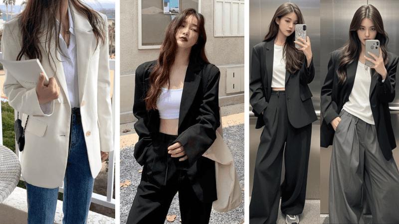 Áo thun blazer ngoài khoác ngoài với áo thun trắng dành cho nữ