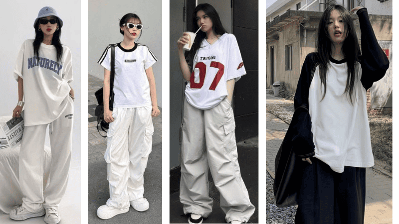 Cách phối quần baggy với áo thun trắng dành cho nữ