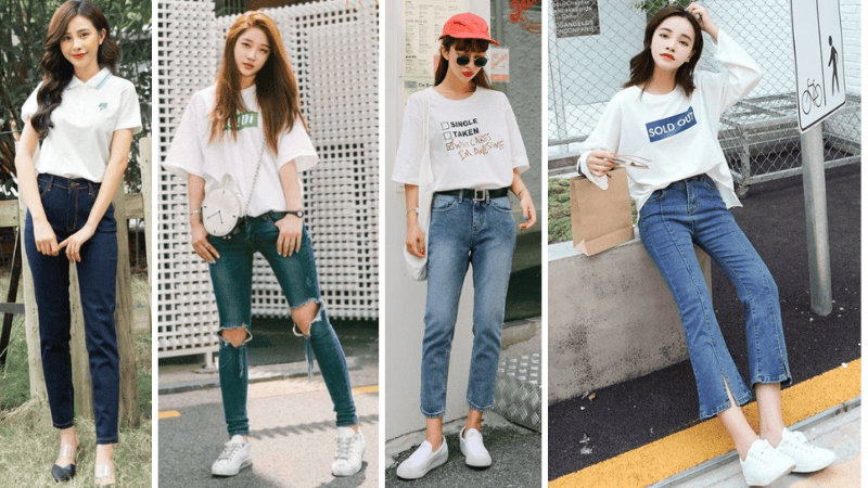 Sự đa dạng của quần jean nữ khi phối với áo thun trắng