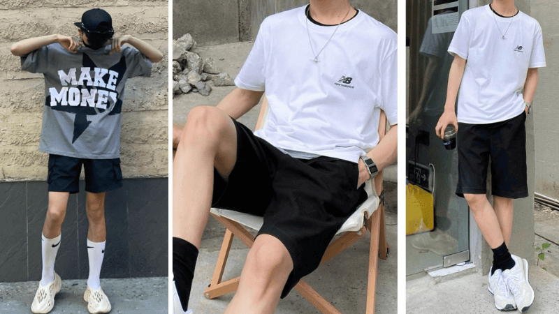 quần short kaki phối với áo thun nam