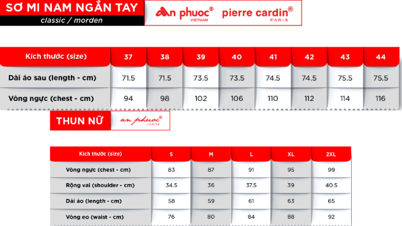 bảng size áo thun nam và nữ thương hiệu An Phước mới nhất năm 2025