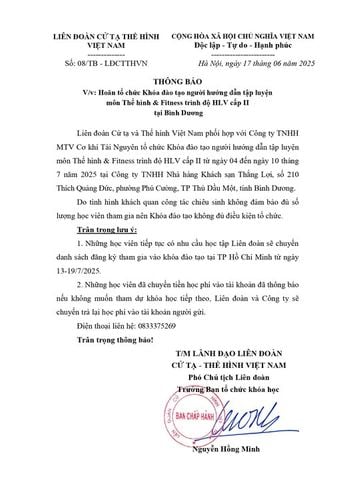 Thông báo: HOÃN TỔ CHỨC KHÓA HỌC ĐÀO TẠO NGƯỜI HƯỚNG DẪN TẬP LUYỆN MÔN THỂ HÌNH & FITNESS TRÌNH ĐỘ HLV CẤP 2 TẠI BÌNH DƯƠNG