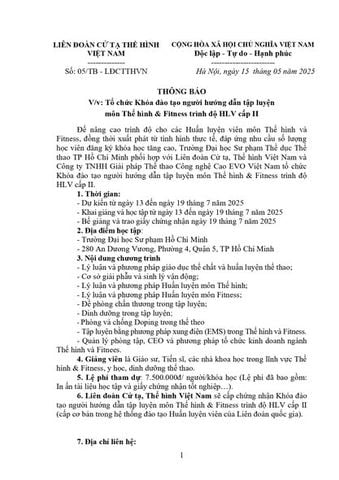 THÔNG BÁO: TỔ CHỨC KHÓA HỌC ĐÀO TẠO NGƯỜI HƯỚNG DẪN TẬP LUYỆN MÔN THỂ HÌNH & FITNESS TRÌNH ĐỘ HLV CẤP 2 TẠI TP HỒ CHÍ MINH