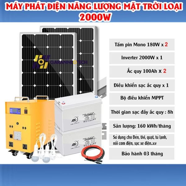 Máy Phát Điện Năng Lượng Mặt Trời 2000W (Điện 220V) - 2 Tấm pin nlmt 180W - 2 Ắc quy 100AH