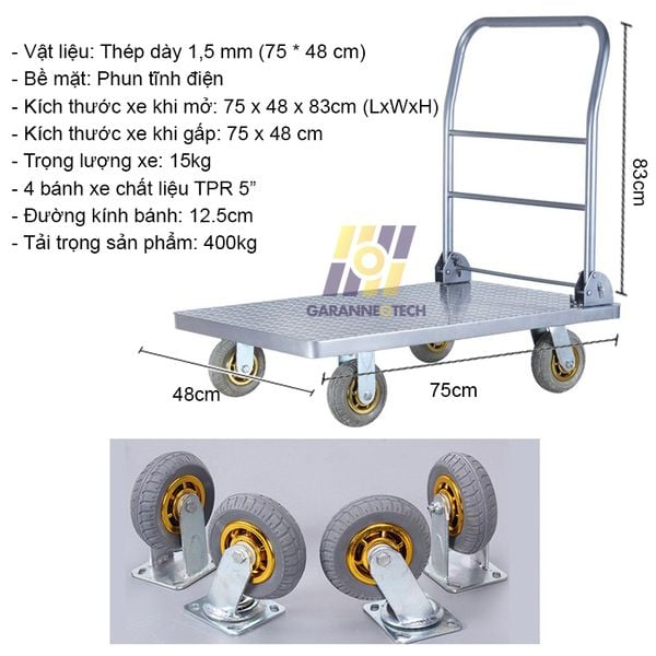 Xe Đẩy Hàng 4 Bánh Bằng Thép Chịu Tải Trọng 400Kg