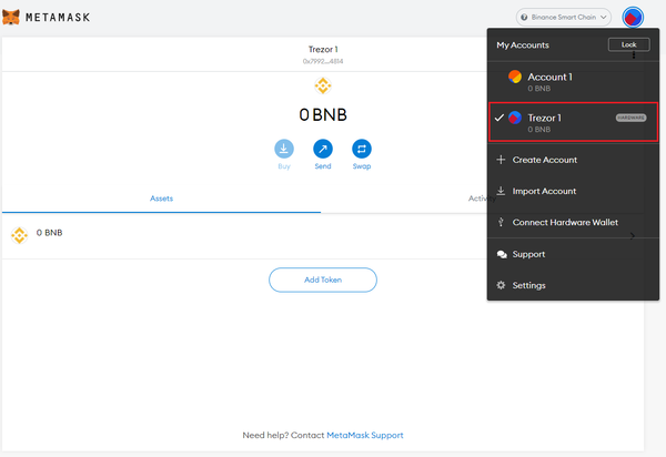 ví lạnh trezor kết nối bsc metamask