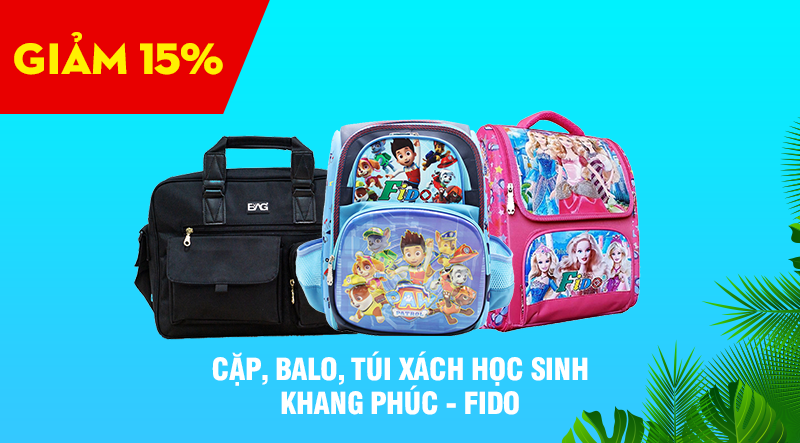 Giảm 15% đối với cặp, balo, túi xách học sinh Fido, Khang Phúc.