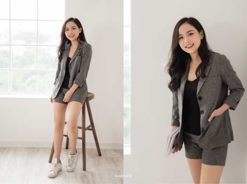 Áo blazer nữ caro phối với quần short