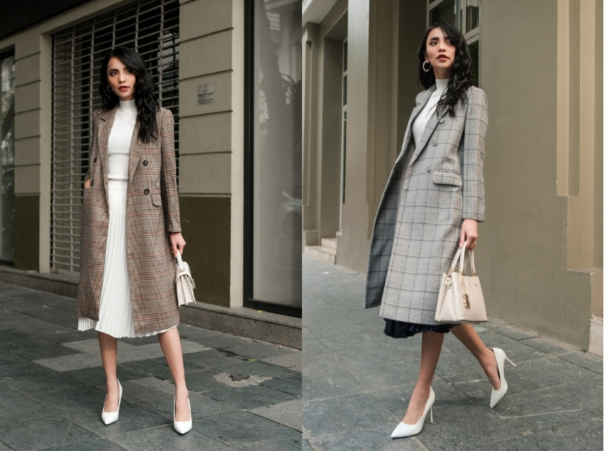 Áo trench coat kết họp cùng chân váy xếp ly