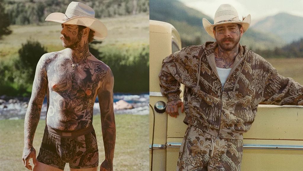 ChatGPT said: Post Malone trở thành gương mặt cho chiến dịch SKIMS menswear mới, nổi bật với thiết kế Realtree® camo bụi bặm
